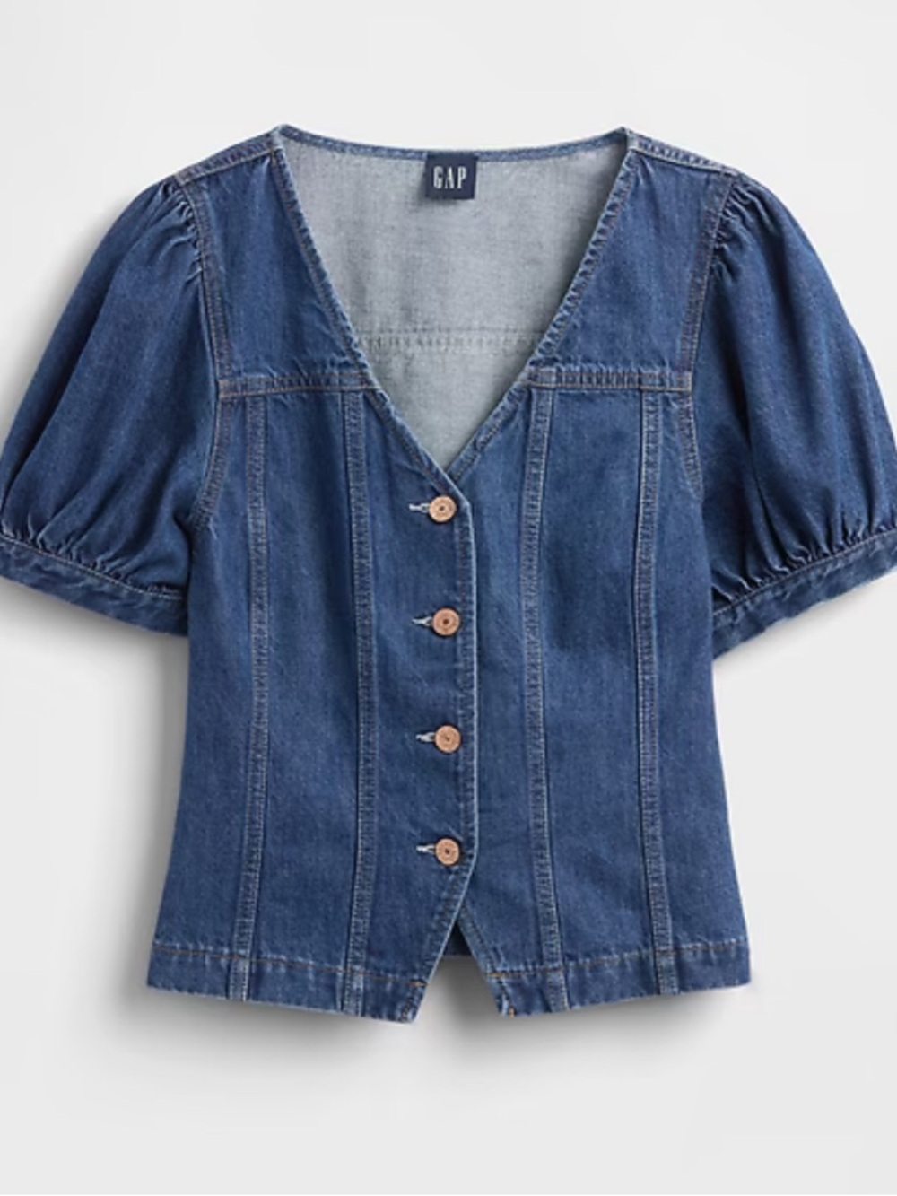 Denim Puff-Sleeve Button Front Top - Blue - Picture 6 of 9